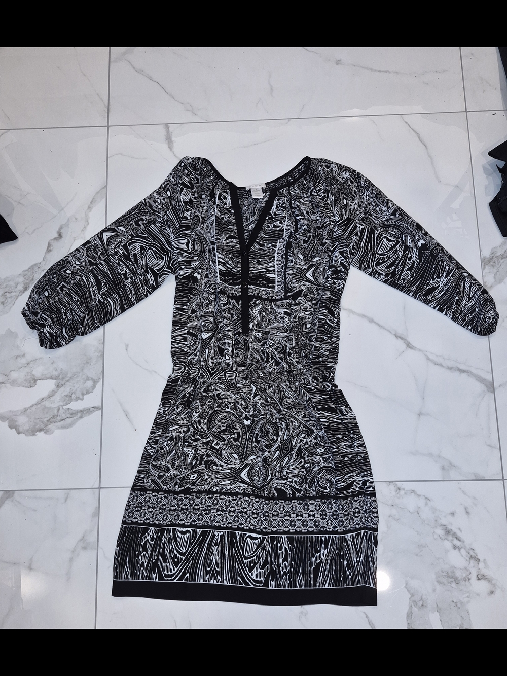 Cache Black and white paisley print smocked mini BOHO  Dress